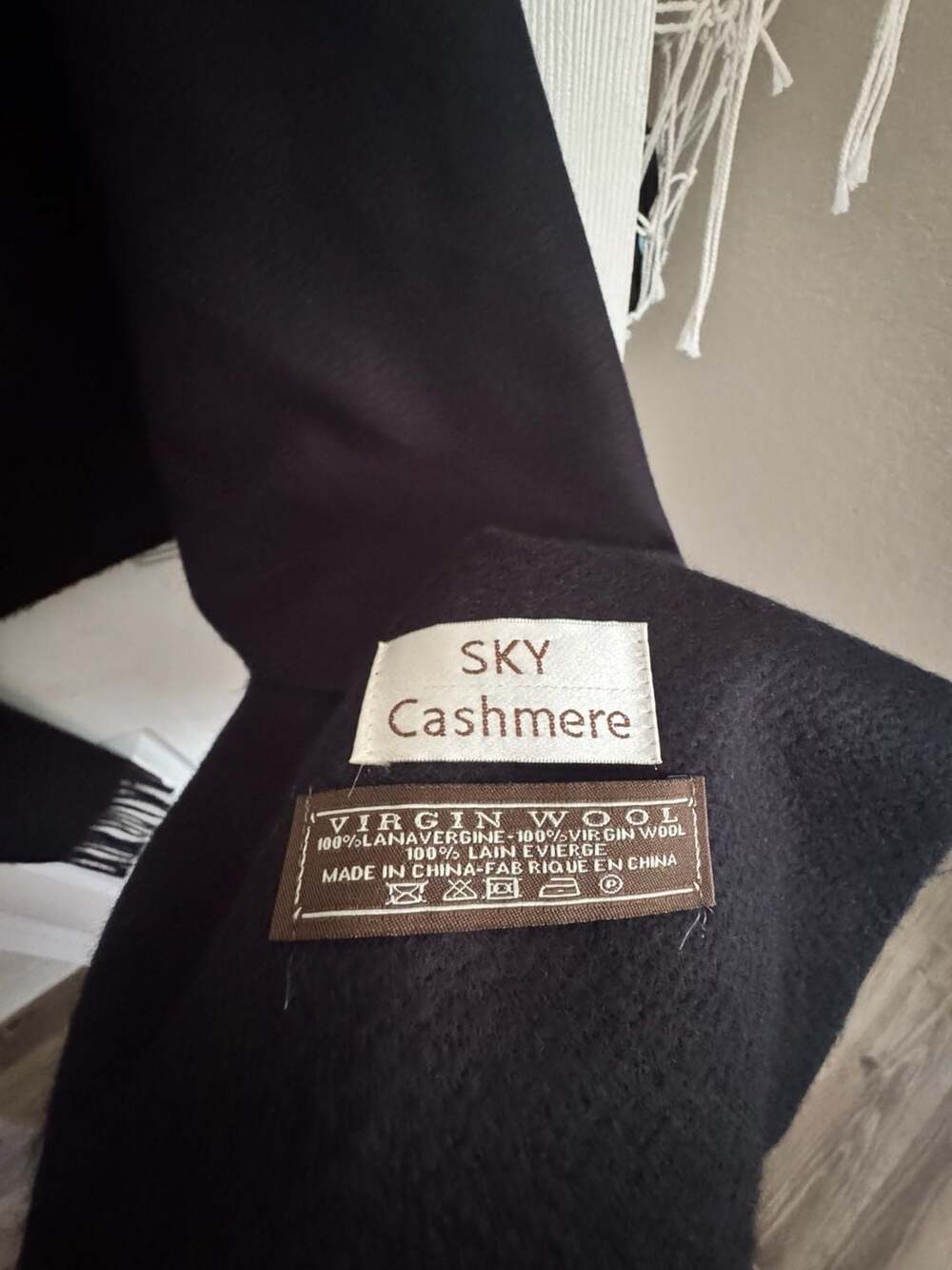 SKY Cashmere 100% Virgin Wool Black Fringed Scarf